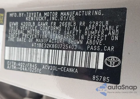 2006 Toyota Camry Le из США, поврежденный, VIN 4T1BE32K86U725403